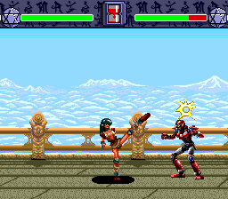 Kakutō Haō Densetsu Algunos (TurboGrafx CD) screenshot: Battle on the bridge. Lobo delivers a nice kick!..