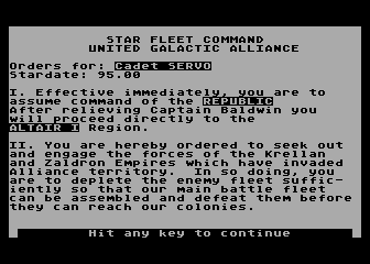 Star Fleet I: The War Begins! (Atari 8-bit) screenshot: Mission briefing.