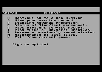 Star Fleet I: The War Begins! (Atari 8-bit) screenshot: Menu.