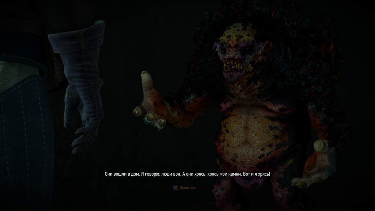 The Witcher 3: Wild Hunt - New Quest: "Contract: Missing Miners" (Windows) screenshot: The troll tells Geralt his part of the story, and the player has to decide the outcome