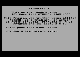 Star Fleet I: The War Begins! (Atari 8-bit) screenshot: Starting...are you a new recruit?