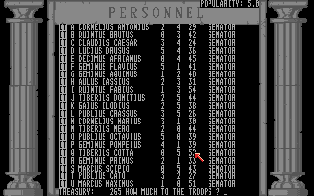 Annals of Rome (Amiga) screenshot: How much of the treasury should go to the troops?