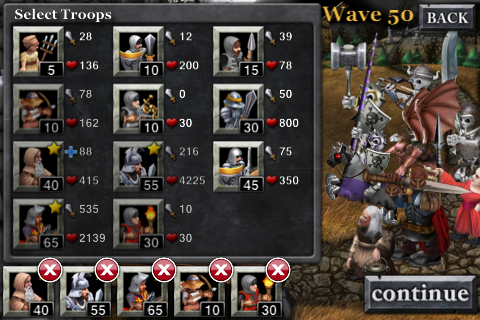 Army of Darkness: Defense (iPhone) screenshot: Selecting which troop types Ash will have access to before a wave.