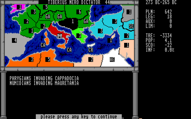 Annals of Rome (Amiga) screenshot: The various AI factions battle each other for territory.