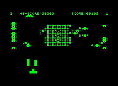 Cosmic Jailbreak (Commodore PET/CBM) screenshot: I'm losing a lot of bricks. The UFO works the same as in Space Invaders