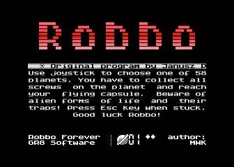 Robbo Forever (Atari 8-bit) screenshot: Main menu