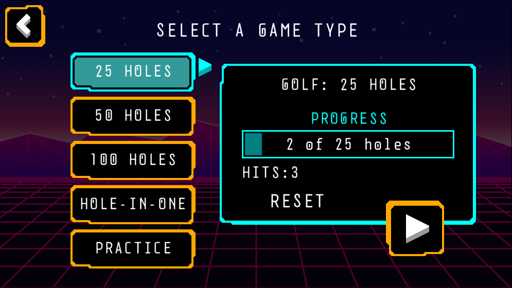 Arcade Golf Neon (Browser) screenshot: Select a game type
