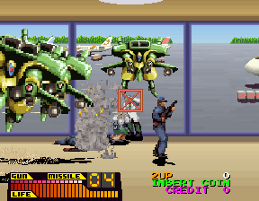 Steel Gunner (Arcade) screenshot: Professor and his daughter being kidnapped.