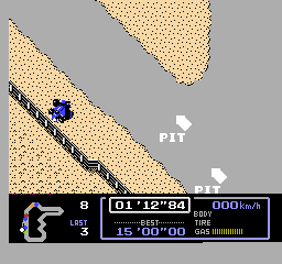 Famicom Grand Prix: F1 Race (NES) screenshot: Wrecked my car right outside the pit! Alas!