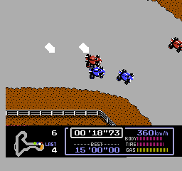 Famicom Grand Prix: F1 Race (NES) screenshot: Trading paint on a dirt course!