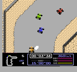 Famicom Grand Prix: F1 Race (NES) screenshot: First bend on a desert course.