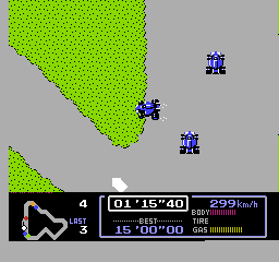 Famicom Grand Prix: F1 Race (NES) screenshot: Nearly missed the pit! Need repairs!