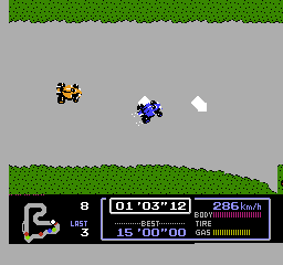 Famicom Grand Prix: F1 Race (NES) screenshot: My tires are busted! It's hard to keep it on the track.