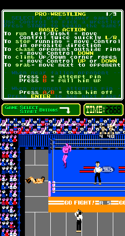 Pro Wrestling (Arcade) screenshot: Thrown out of the ring.