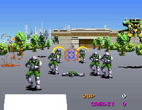 Steel Gunner (Arcade) screenshot: The men coming at you.