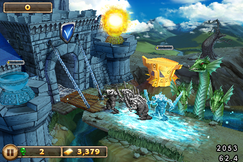Castle Frenzy (iPhone) screenshot: Goblins - some are frozen with an ice spell, others are turned into statues with the griffin's spell