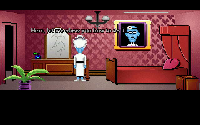 Maniac Mansion Deluxe (Windows) screenshot: Edna's wallpaper has interesting shading, but the room isn't as lovey-dovey-sickly-sweet as in the original.