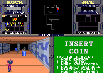Xybots (Arcade) screenshot: Barrels are indestructible