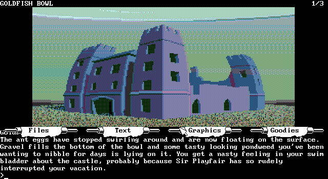 Fish (DOS) screenshot: Managed to enter my tiny fishbowl castle (EGA)
