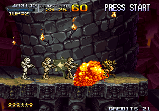 Metal Slug 2: Super Vehicle - 001/II (Arcade) screenshot: Flamethrower