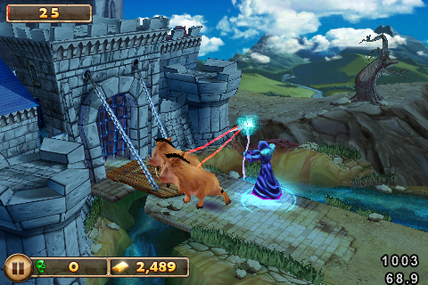 Castle Frenzy (iPhone) screenshot: The warlock casting a mind control spell on two wild boars