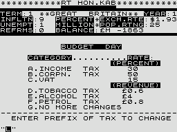Great Britain Limited (ZX81) screenshot: Budget day