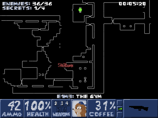 Rise of the Wool Ball (Windows) screenshot: Keyed doors and self-destruct switches are helpfully marked on the automap