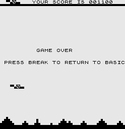 QS Defender (ZX81) screenshot: Game over