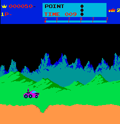 Moon Patrol (Arcade) screenshot: Jumping over the hole