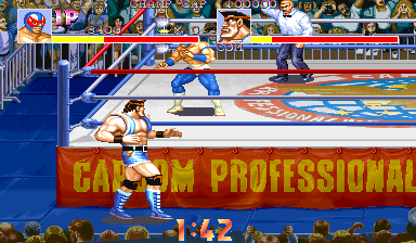 Saturday Night Slam Masters (Arcade) screenshot: Opponent out of the ring.