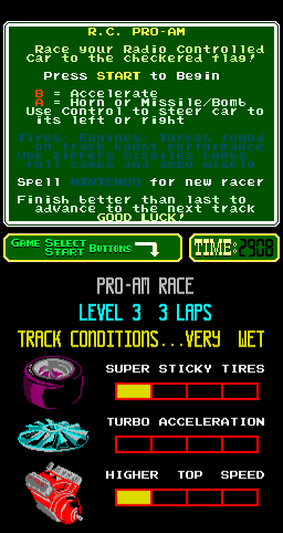 R.C. Pro-Am (Arcade) screenshot: Wet conditions for the next race.