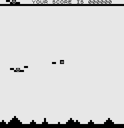 QS Defender (ZX81) screenshot: Close to get shot