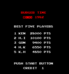 BurgerTime (Arcade) screenshot: Title screen/high score