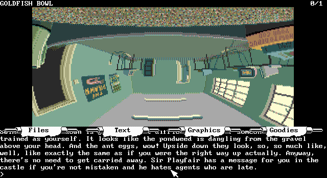 Fish (DOS) screenshot: The espionage starts upside down (EGA)