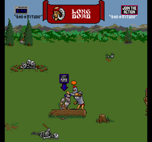 Pigskin 621 AD (Arcade) screenshot: Tripped over a log.