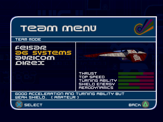 WipEout XL (PlayStation) screenshot: Team menu