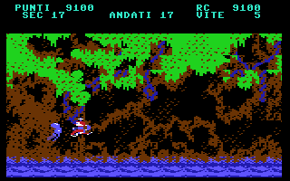 Mancopter (Commodore 64) screenshot: Beware of the squids! Just like the dodos and lightning, You'll lose a fish if you're hit by them.