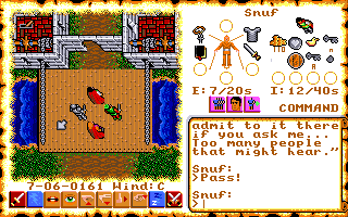 Ultima VI: The False Prophet (Amiga) screenshot: Crossing the drawbridge on the way back to the Castle of Lord British.