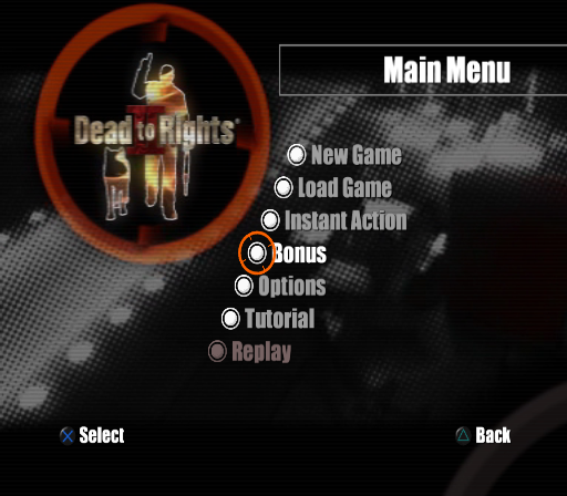 Dead to Rights II (PlayStation 2) screenshot: Menu screen.