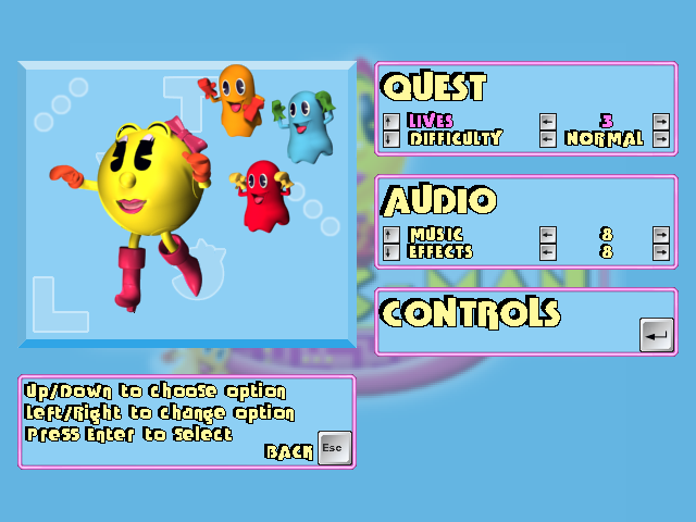 Ms. Pac-Man: Quest for the Golden Maze (Windows) screenshot: Options screen