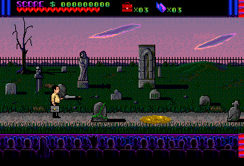 The Addams Family (TurboGrafx CD) screenshot: Starting at the graveyard