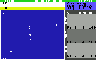Heathrow International Air Traffic Control (Commodore 64) screenshot: Oefening 1: Principes van het Leiden; In this exercise you only work with light aircraft and the intention is to bring them to the ILS, after which they can make a landing. (Schiphol MCN)