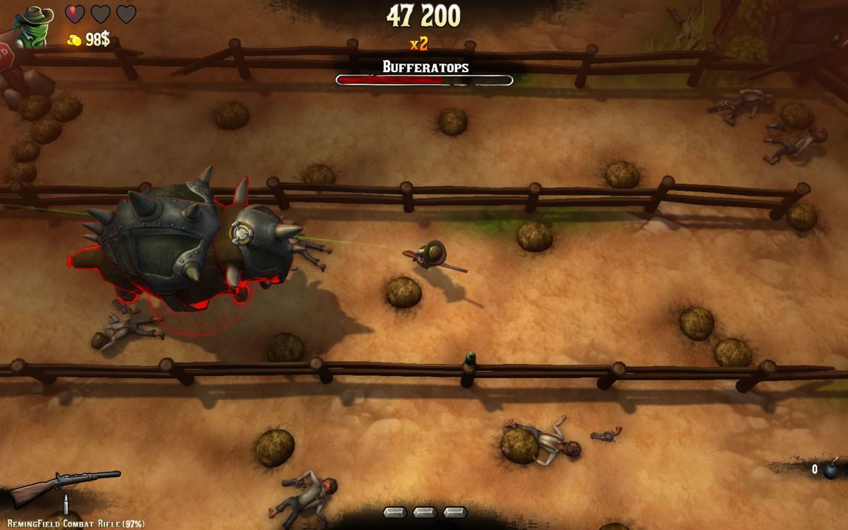 Wild Frontera (Windows) screenshot: Chased by a mechanized, dinosaur-like bull.