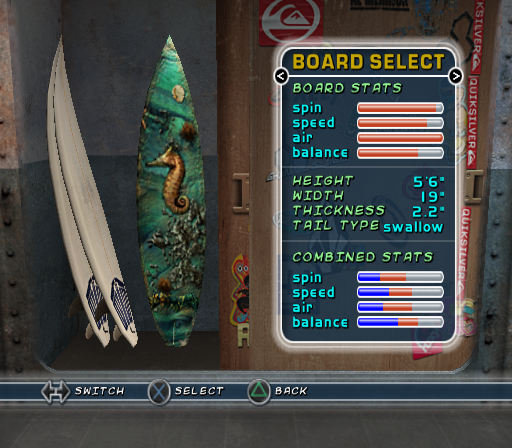 Kelly Slater's Pro Surfer (PlayStation 2) screenshot: Board selection.