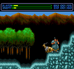 Exile: Wicked Phenomenon (TurboGrafx CD) screenshot: Kindi fights a monster in a mountains area