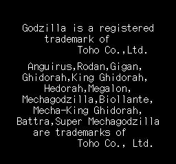 Godzilla (TurboGrafx CD) screenshot: A list of trademarked beasts :) Don't you have some pretty girls to trademark?.. :)