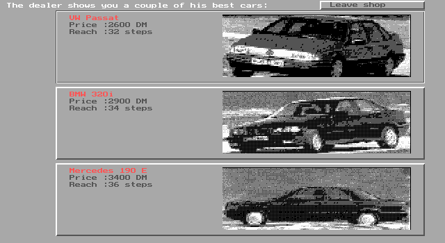 Crime Fighter (DOS) screenshot: You can buy vehicles from the used car lot