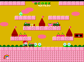 Rainbow Islands (TurboGrafx CD) screenshot: This group of levels has a somewhat pastoral theme