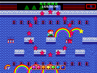 Rainbow Islands (TurboGrafx CD) screenshot: Super-attack that kills all enemies. You know why there are no enemies on this screenshot? BECAUSE I KILLED THEM ALL WITH A SUPER-ATTACK!!..