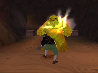 Disney's Atlantis: The Lost Empire (PlayStation) screenshot: Vinny fighting the lava monster.